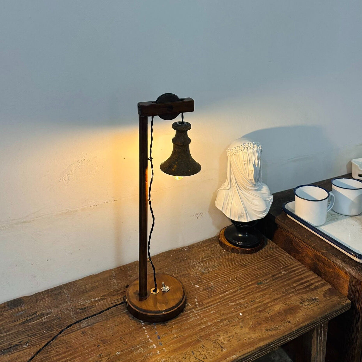 Vintage Wooden Desk Lamp with Warm Light