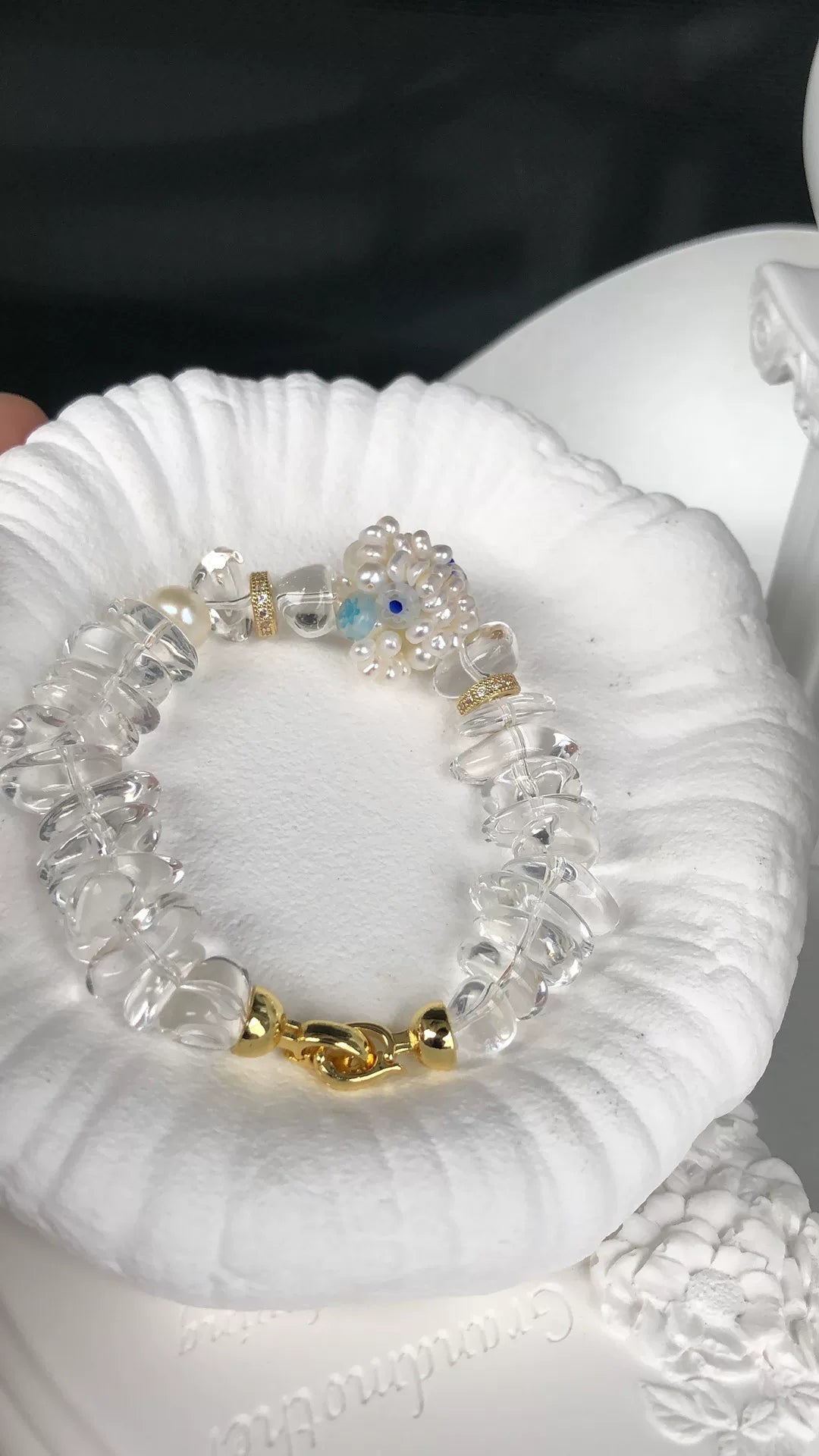 Pulseira Tecida de Quartzo Transparente e Pérola Keshi