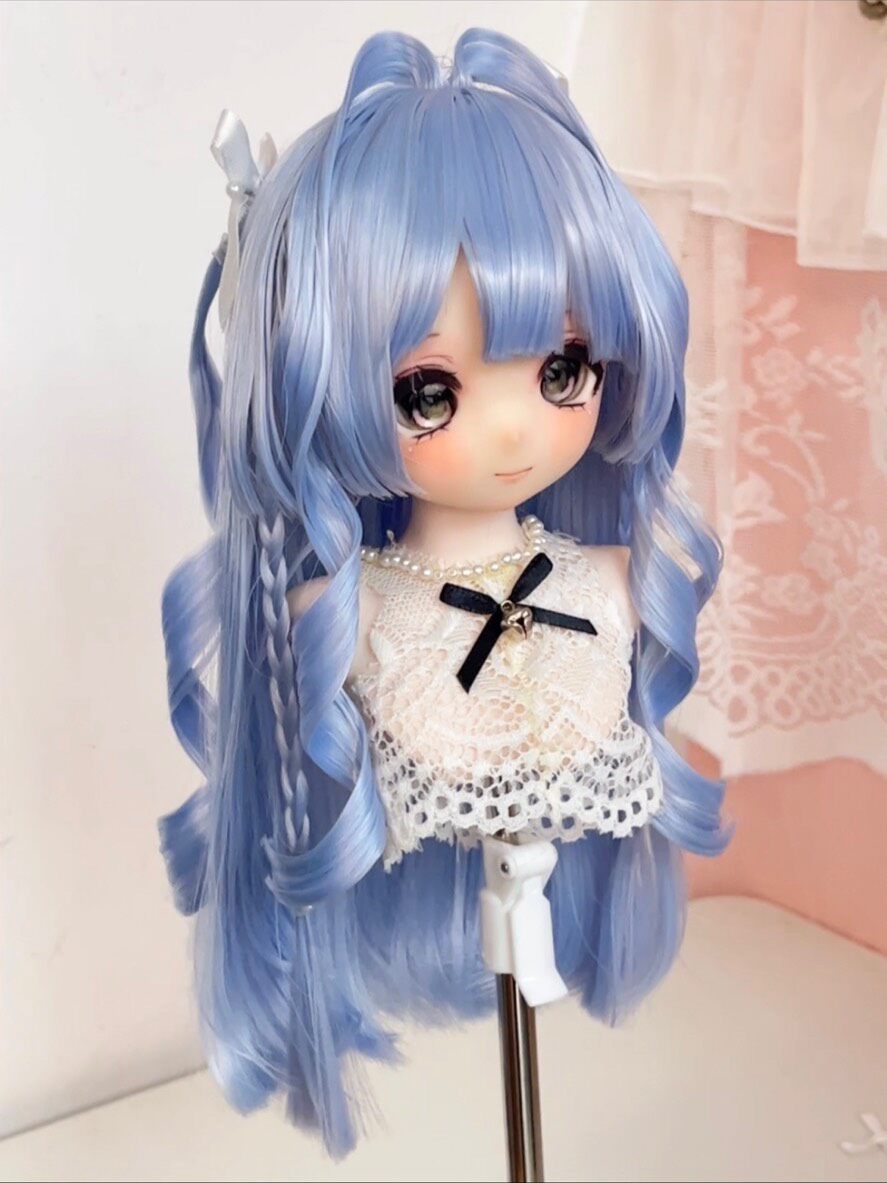 Doll Wig Pastel Blue with Bows