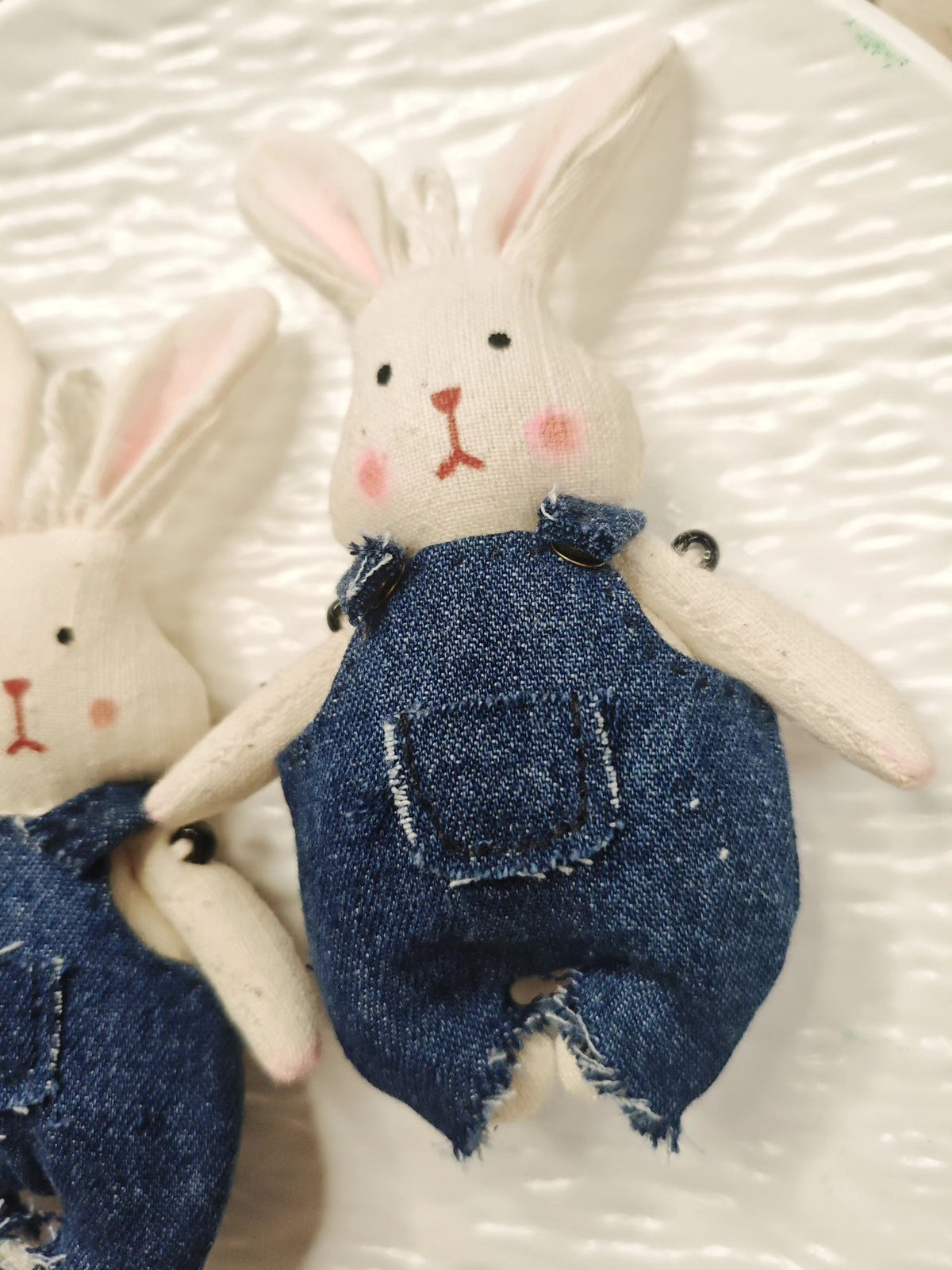 Handmade Fabric Rabbit Pendant with Denim Overalls