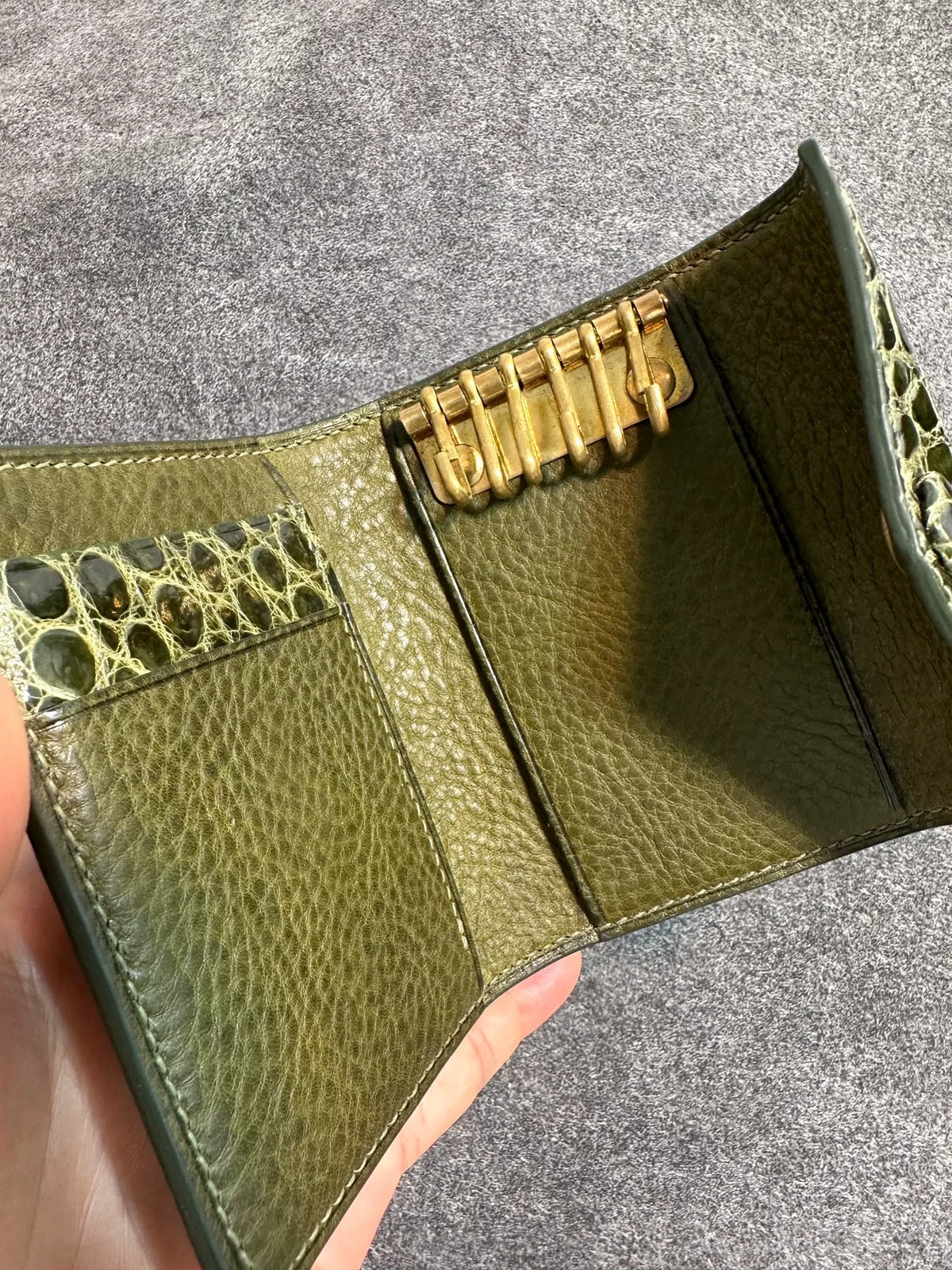 Handmade Bifold Key Case Green Crocodile Leather