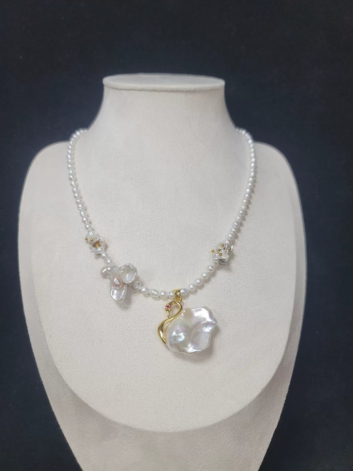 Baroque Pearl Swan Necklace Gold Tone