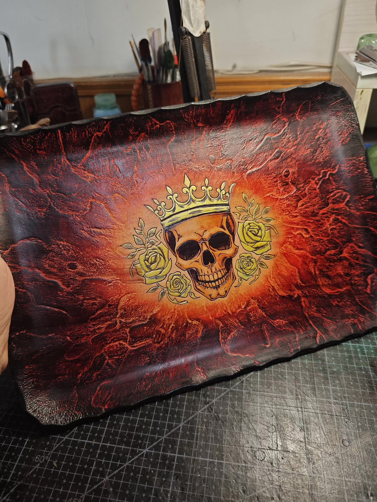 Handcrafted Leather Tray with Skull and Roses Motif