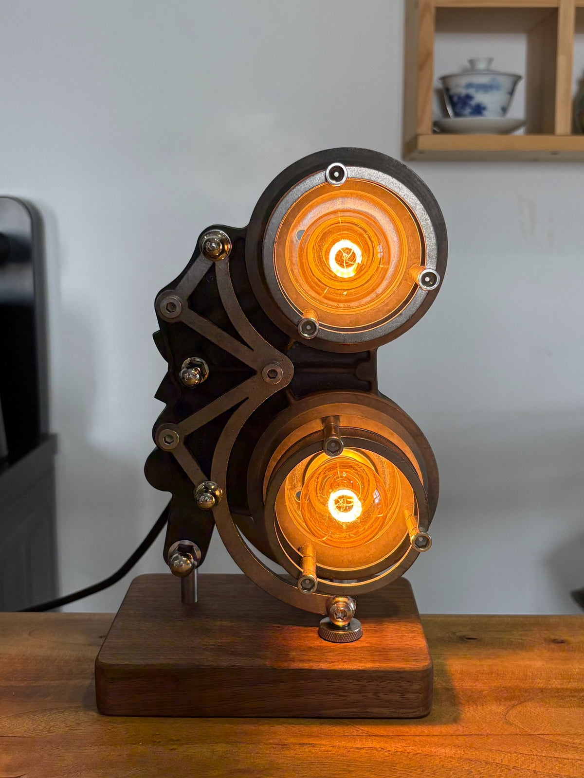 Steampunk Dual-Lens Mechanical Table Lamp with Wooden Base
