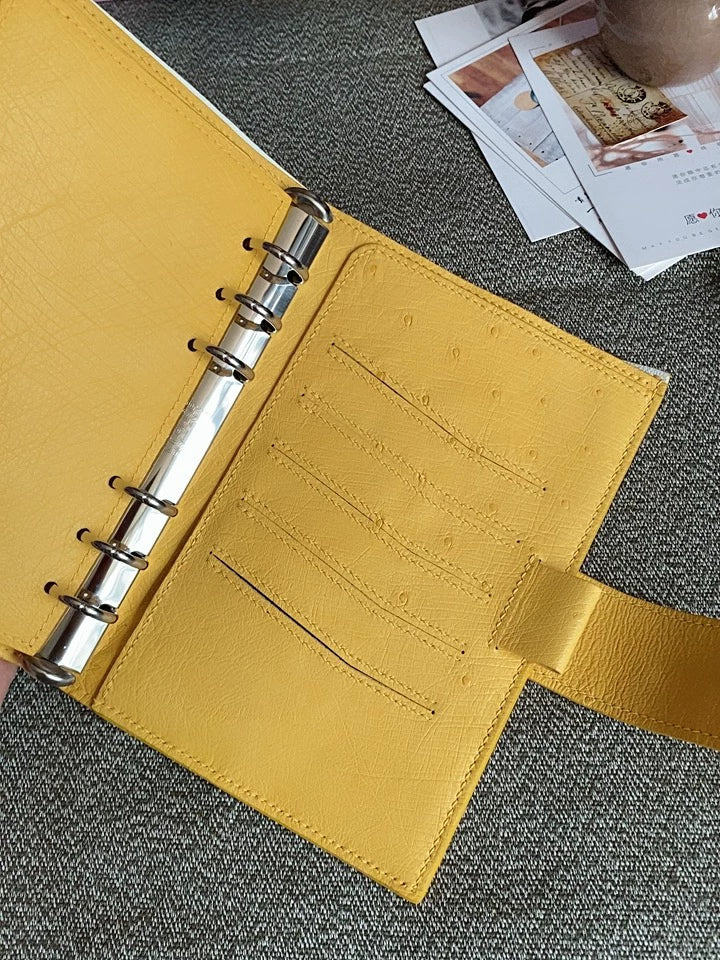 Ostrich Leather Ring Planner Cover Mustard Yellow