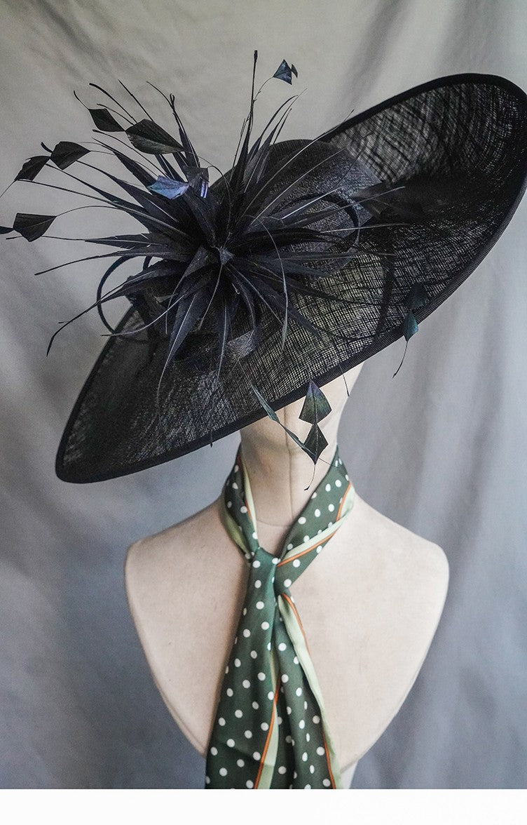 Black British Style Feather Flower Sinamay Hat