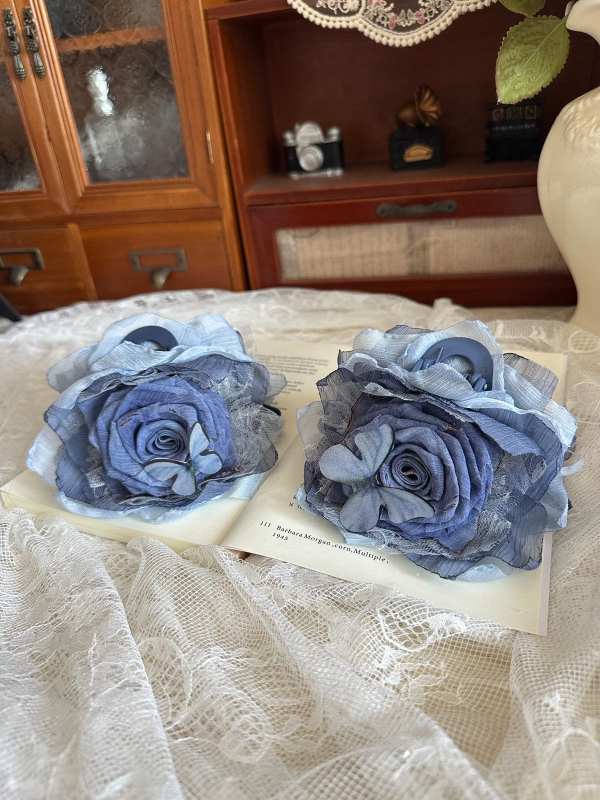 Handcrafted Fabric Rose Blue Hair Claw Clip