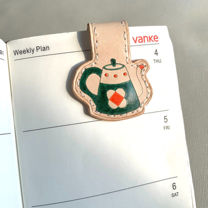 Magnetic Leather Bookmark – Teapot/Mug Shape with Hand-Painted Details