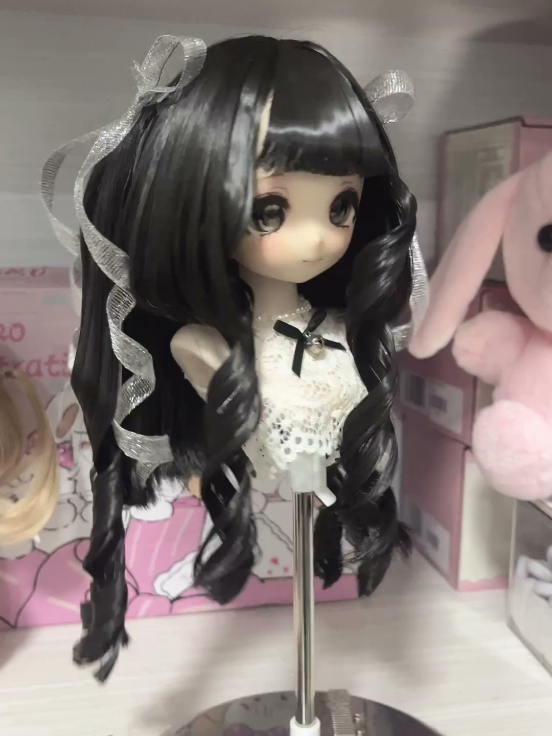 Doll Wig Black Curly Silver Ribbons
