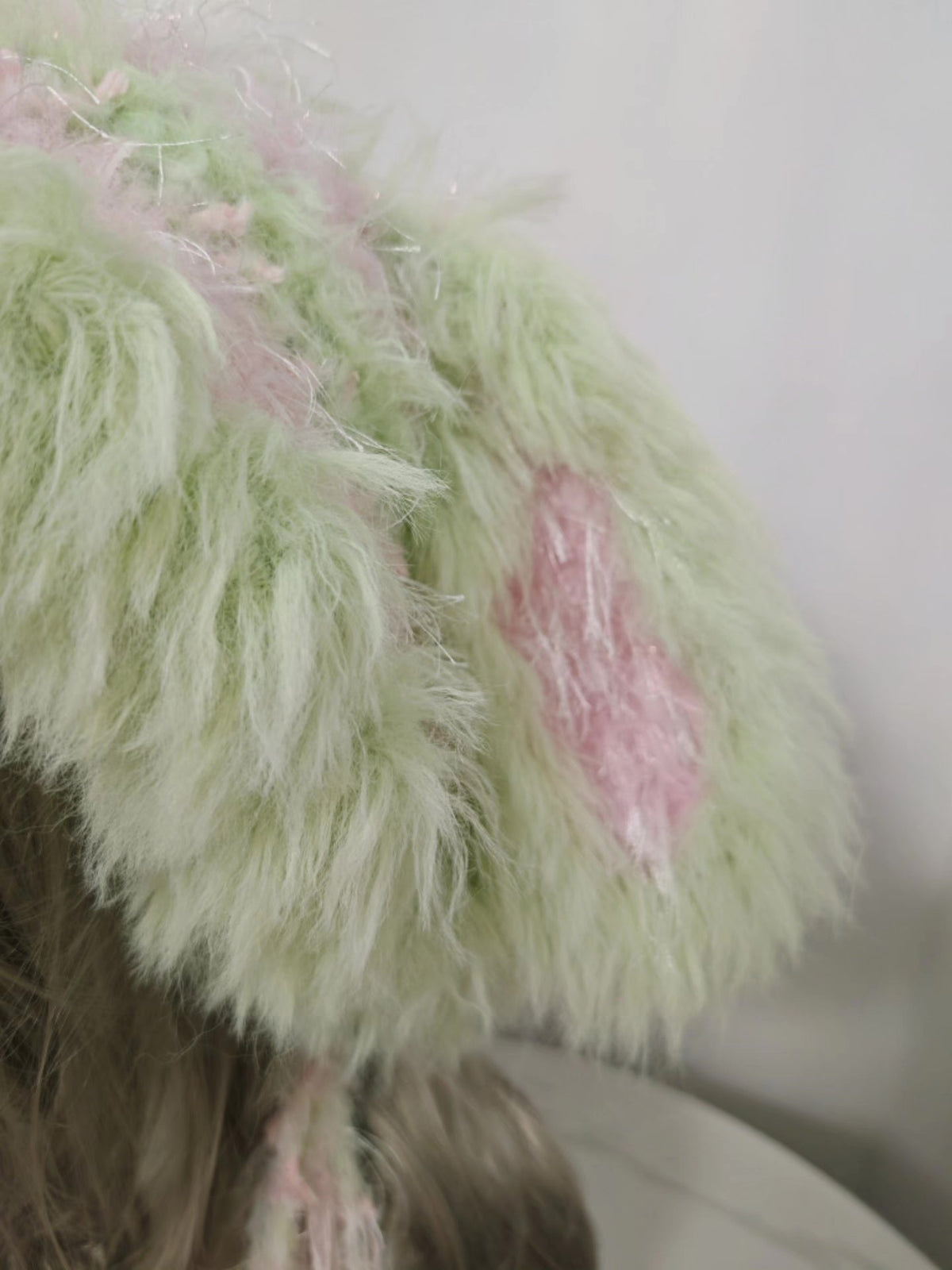 Furry Floppy Ear Bunny Hat Pink Green