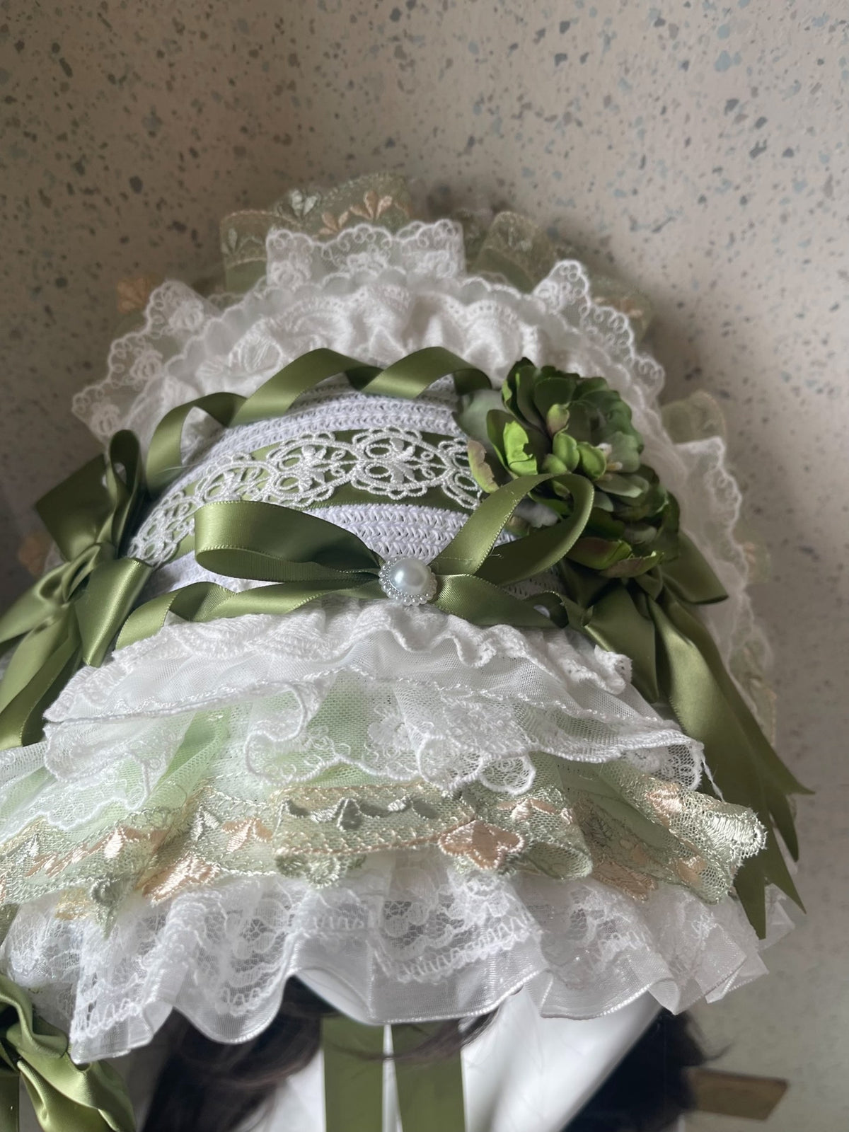 Lolita Green White Lace Flat Hat Handmade