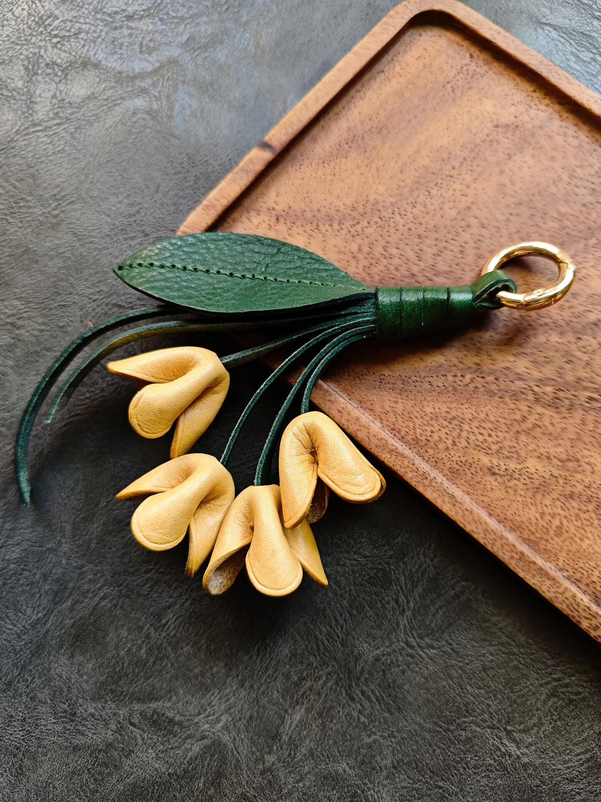 Vegetable-Tanned Leather Floral Bouquet Keychain Charm