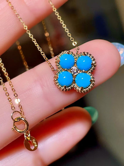 18K Gold Four-Leaf Clover Necklace with 4mm Blue Stones and Center Diamond