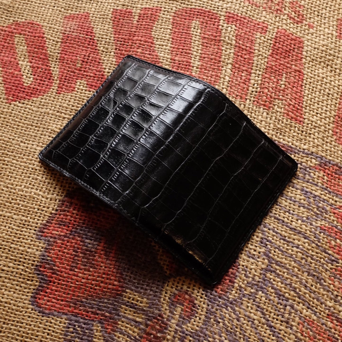 Black Leather Embossed Crocodile Bi-Fold Wallet