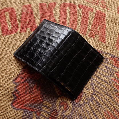 Black Leather Embossed Crocodile Bi-Fold Wallet