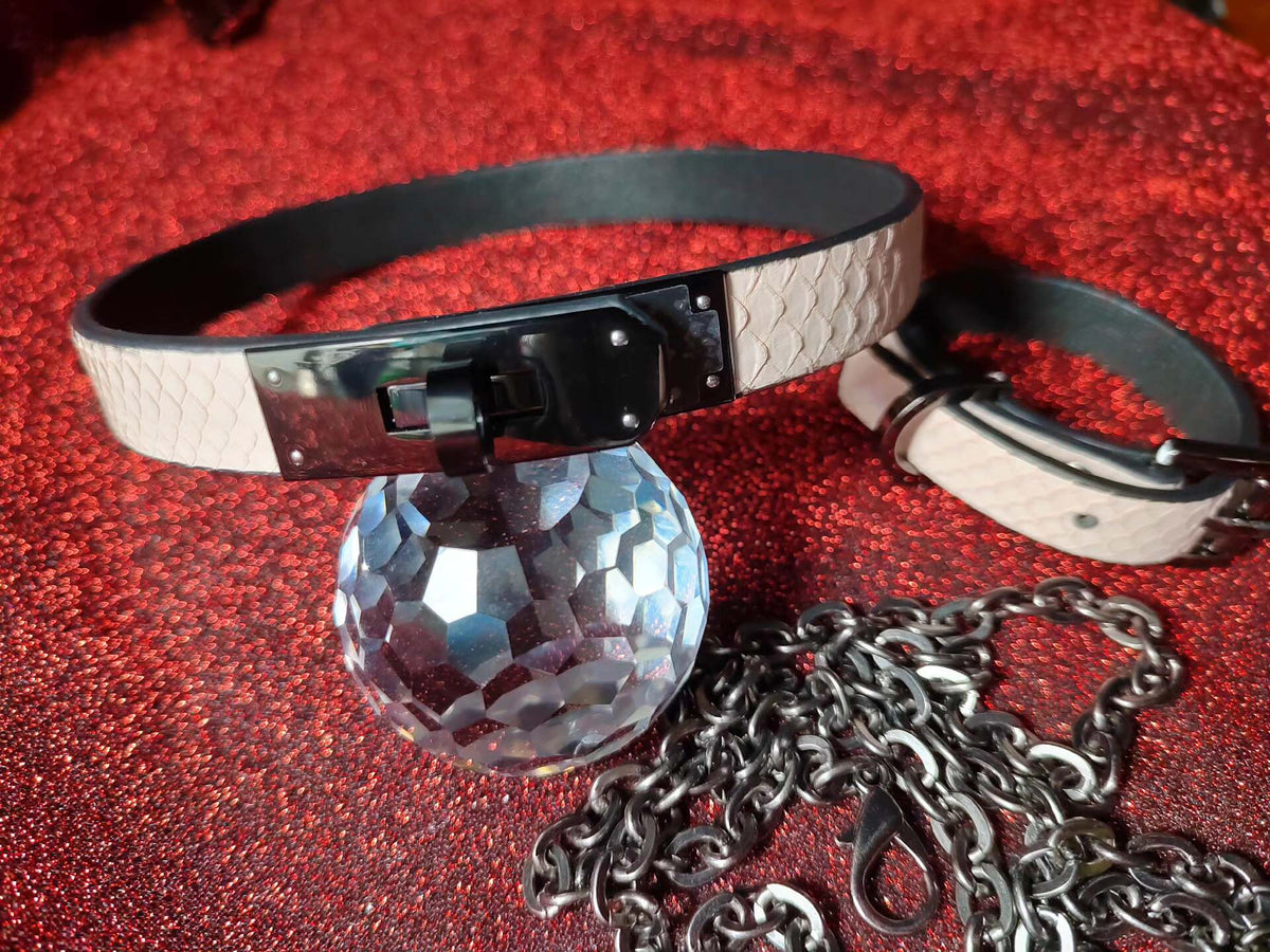 Pink Snakeskin Black Leather Pet Collar Bracelet Set