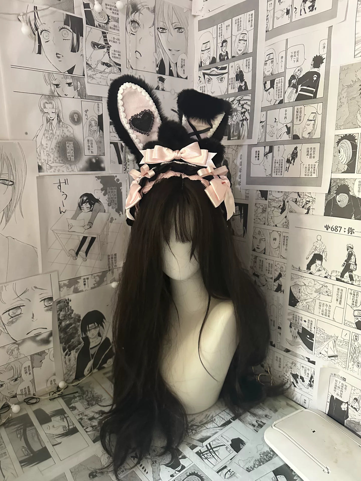 Black Bunny Ears Headband with Pink Bows
