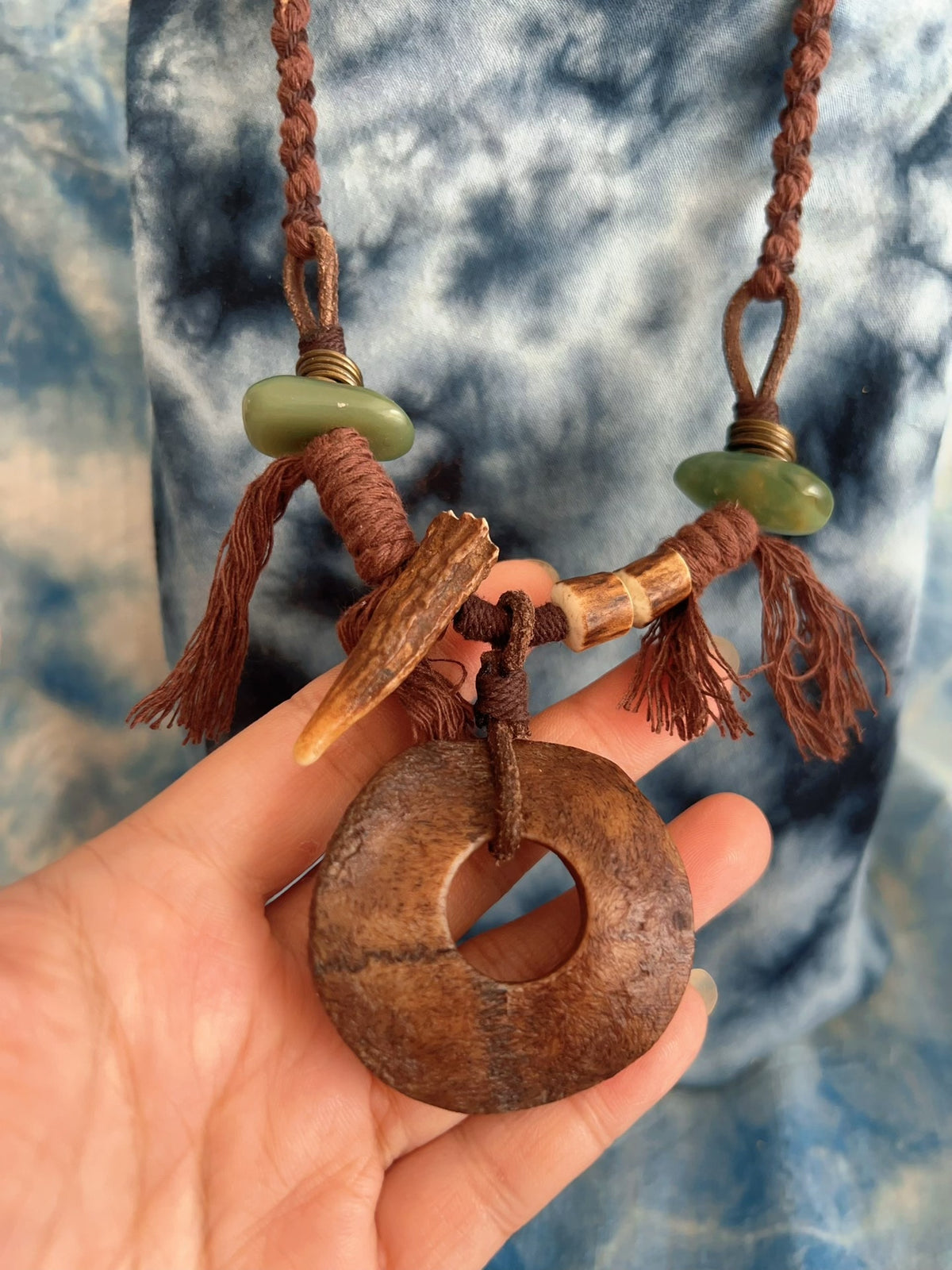 Handwoven Antler Bone Necklace with Agate