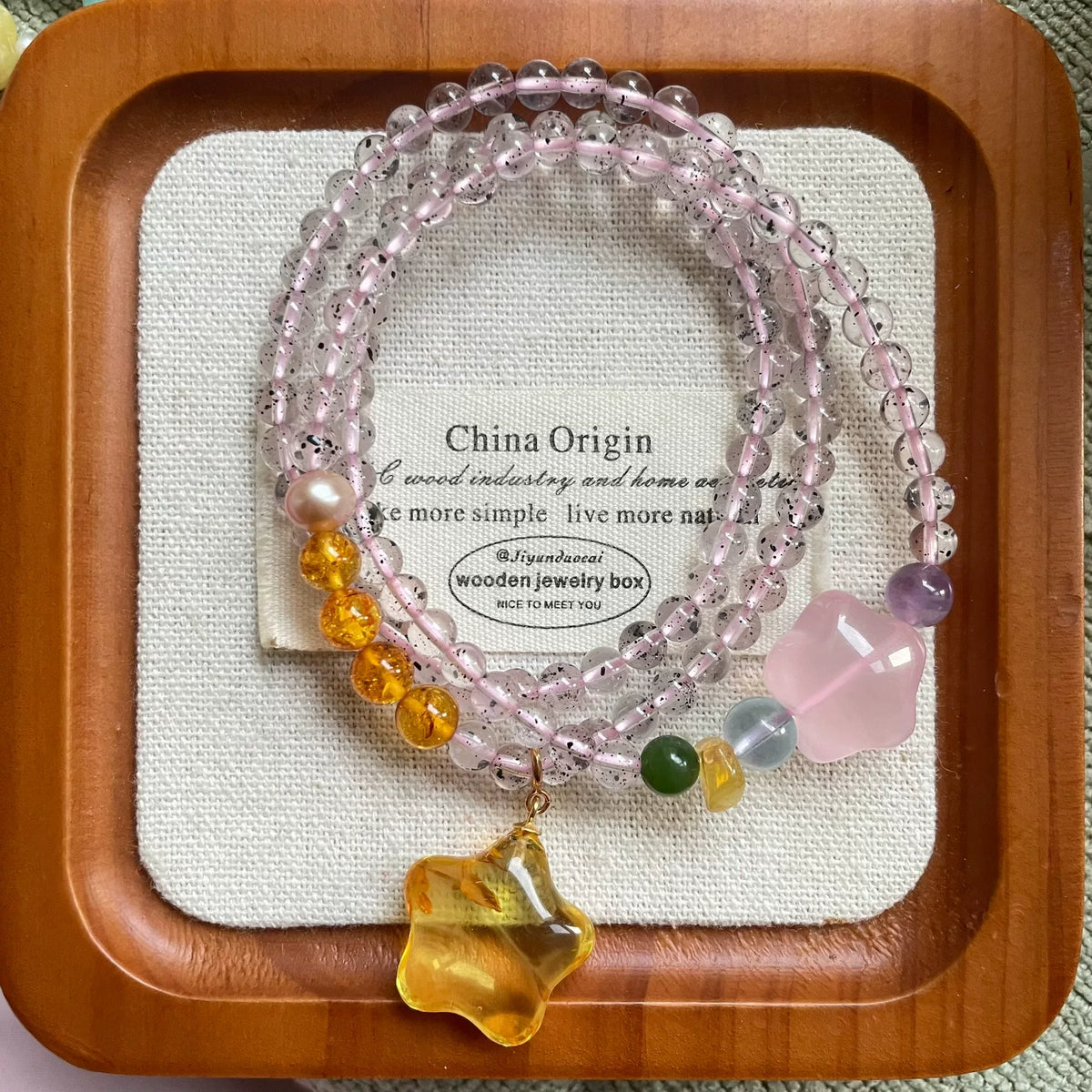 Amber Star Pendant Crystal Quartz Beaded Bracelet Necklace