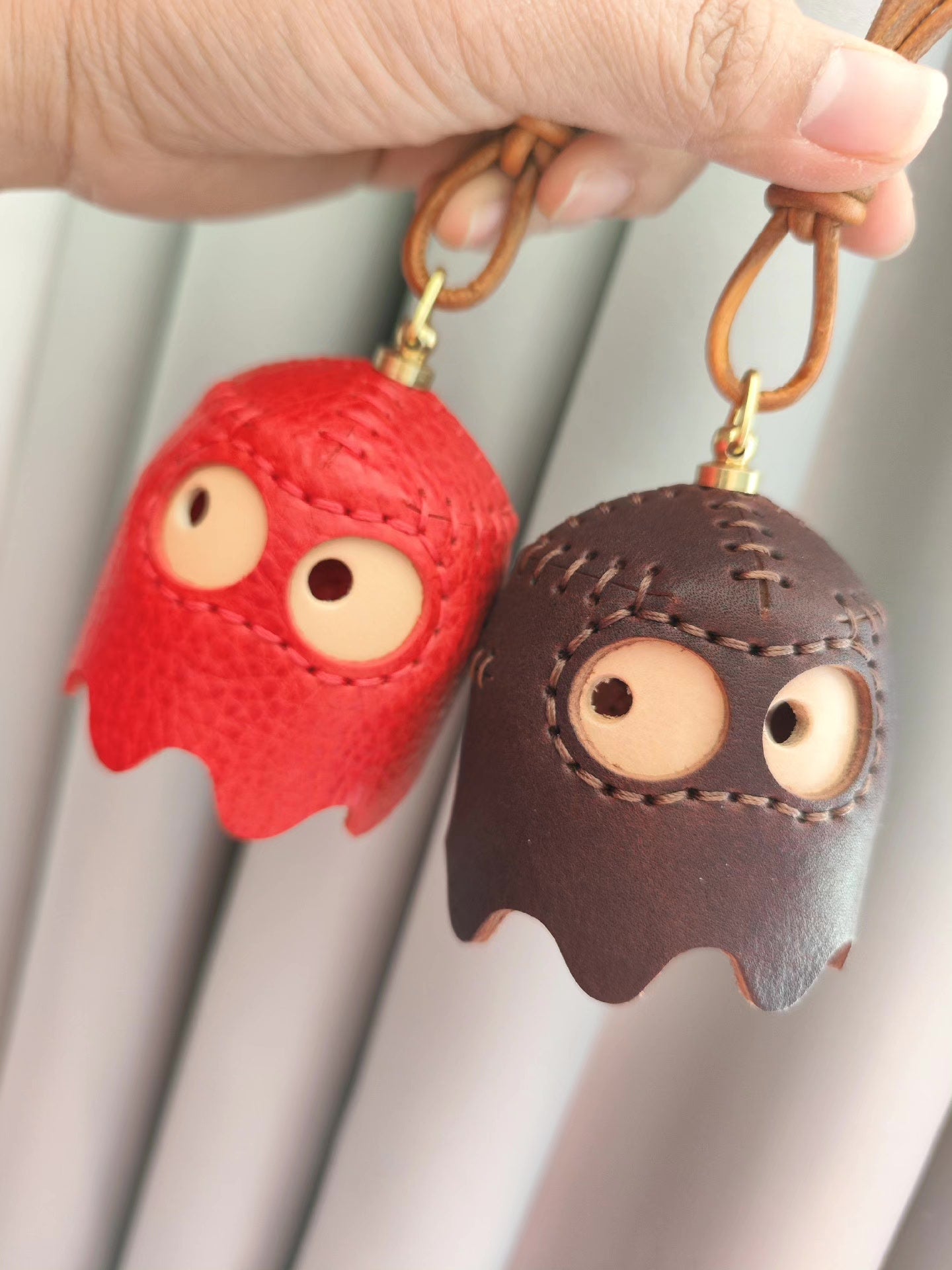 Ghost-Shaped Leather Pendant with Brass Ring and Leather Cord