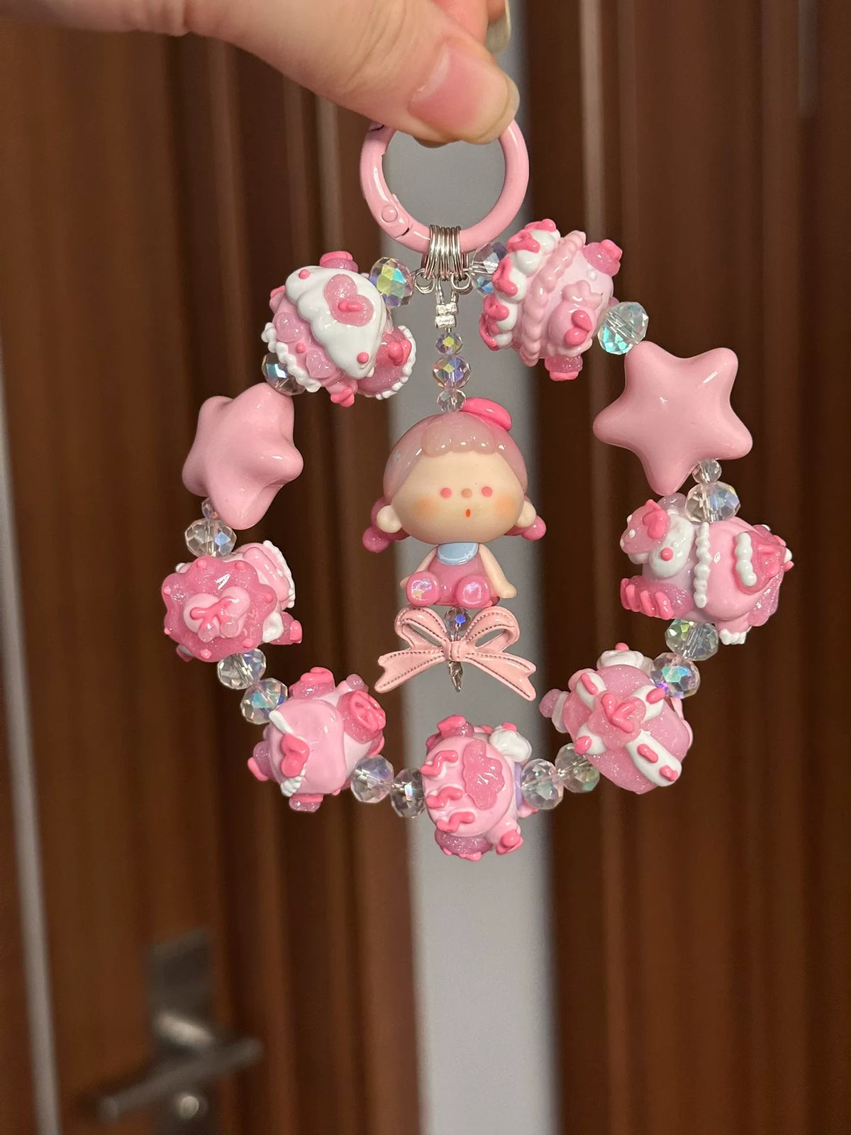 Pink Beaded Doll Keychain with Glossy Resin Charms