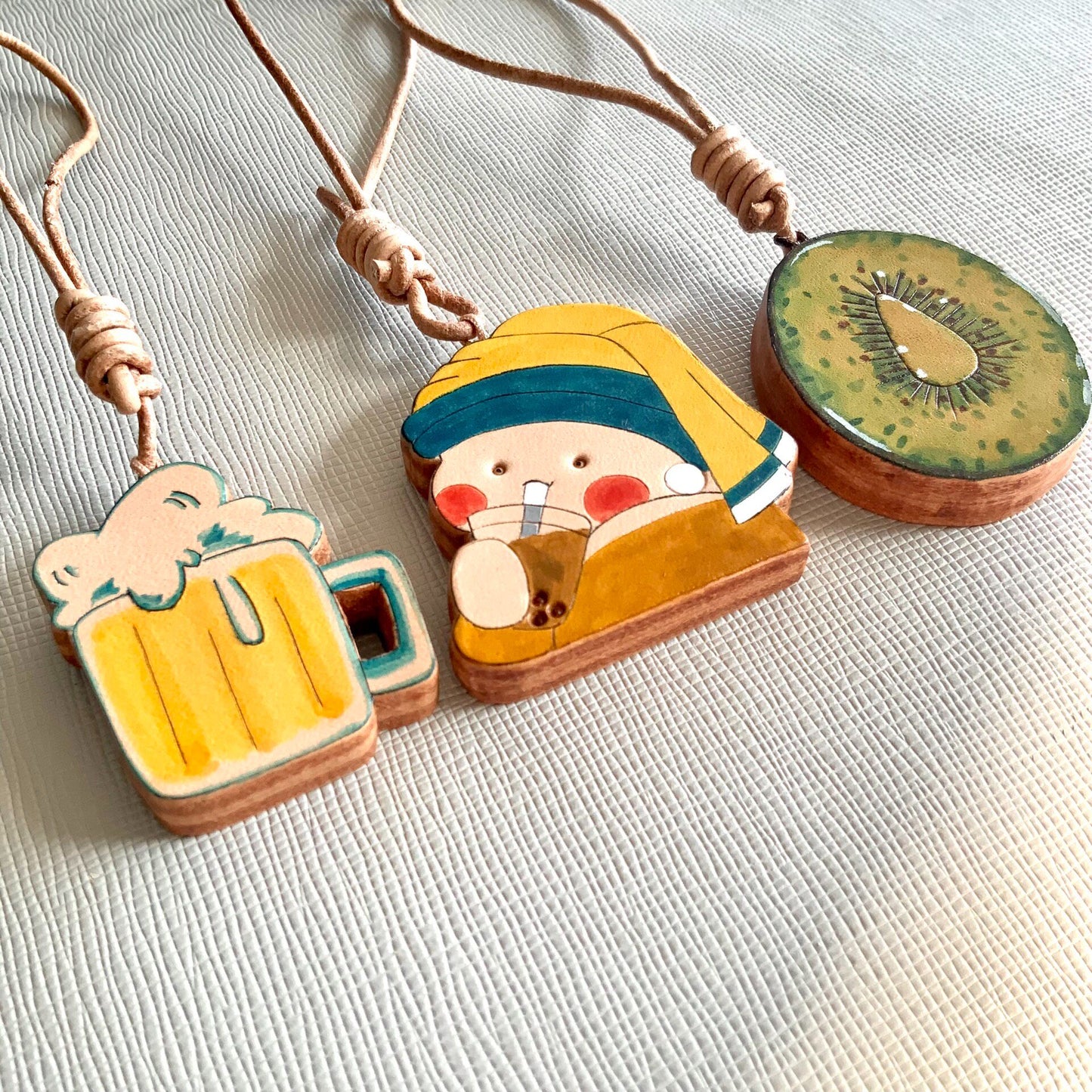Set of 3 Hand-Painted Vegetable-Tanned Leather Charms