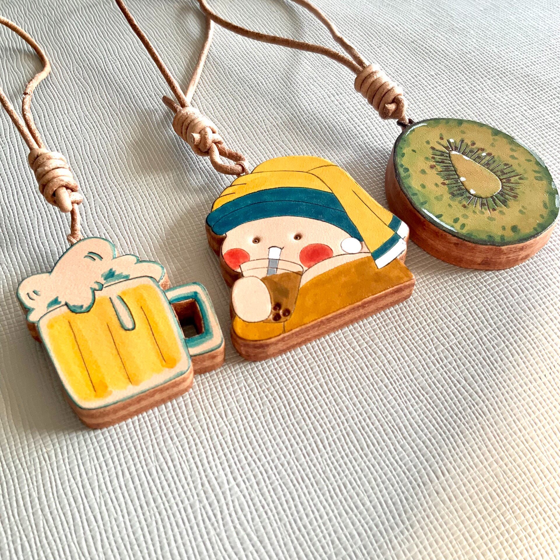 Set of 3 Hand-Painted Vegetable-Tanned Leather Charms
