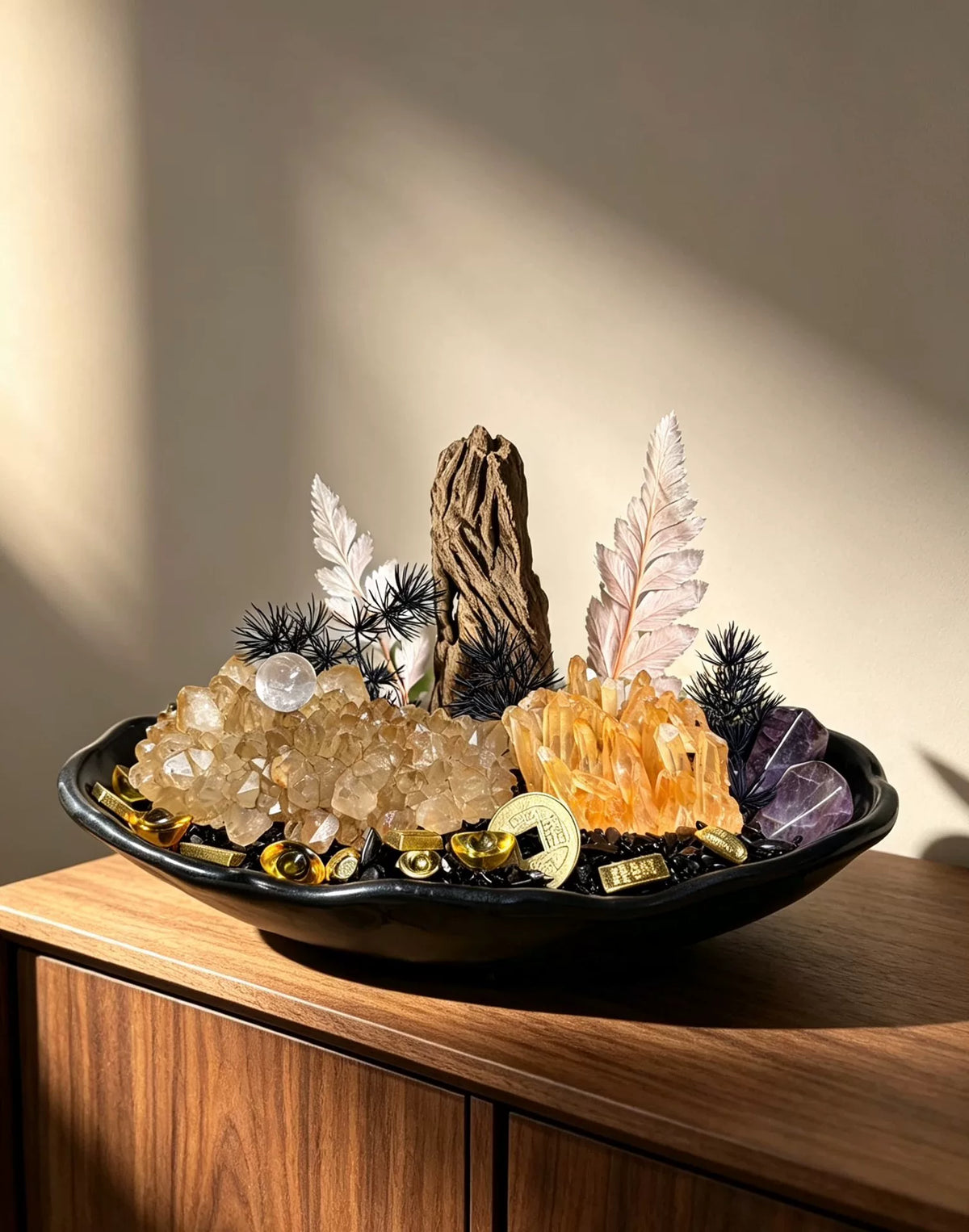 Citrien Kristal Bonsai in Zwarte Schaal