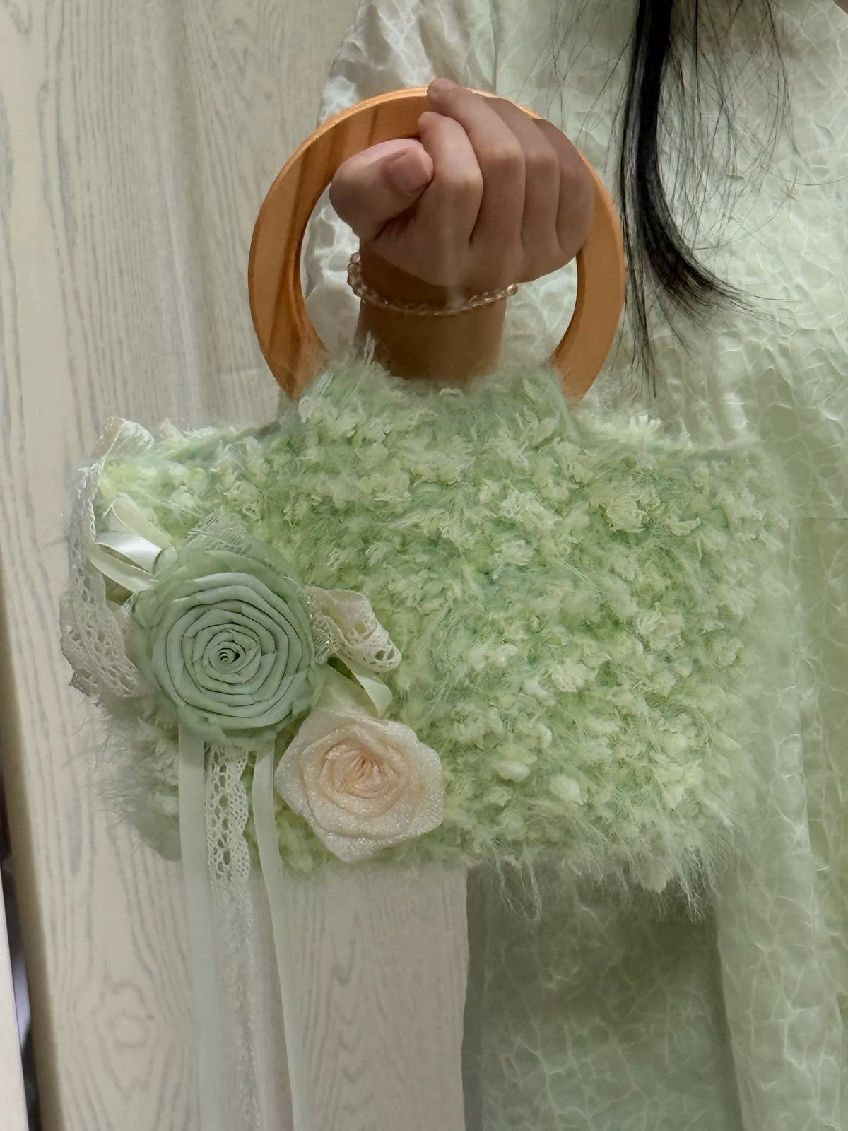Plush Yarn Bag with Wooden Ring Handle