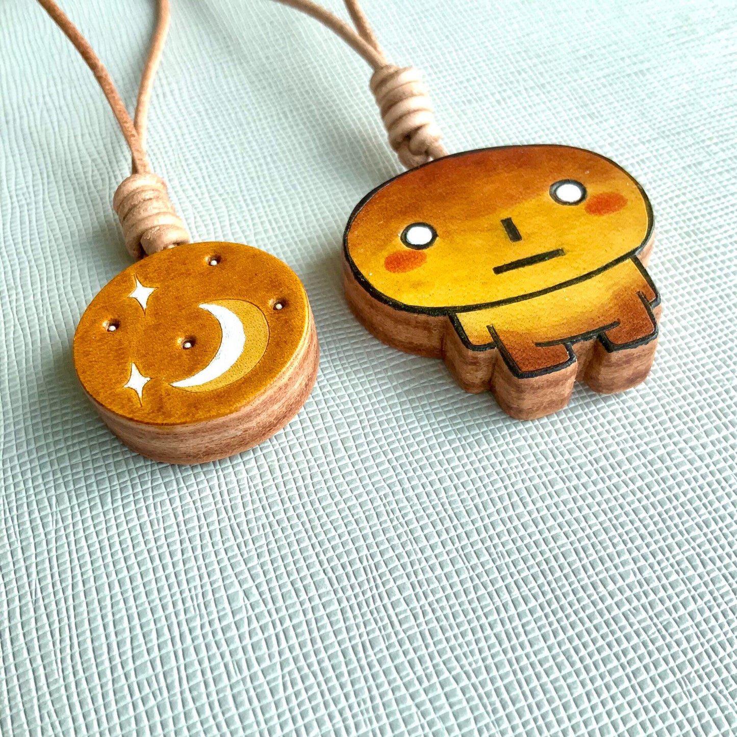 Hand-Painted Leather Charms: Bread Character & Moon Star Set