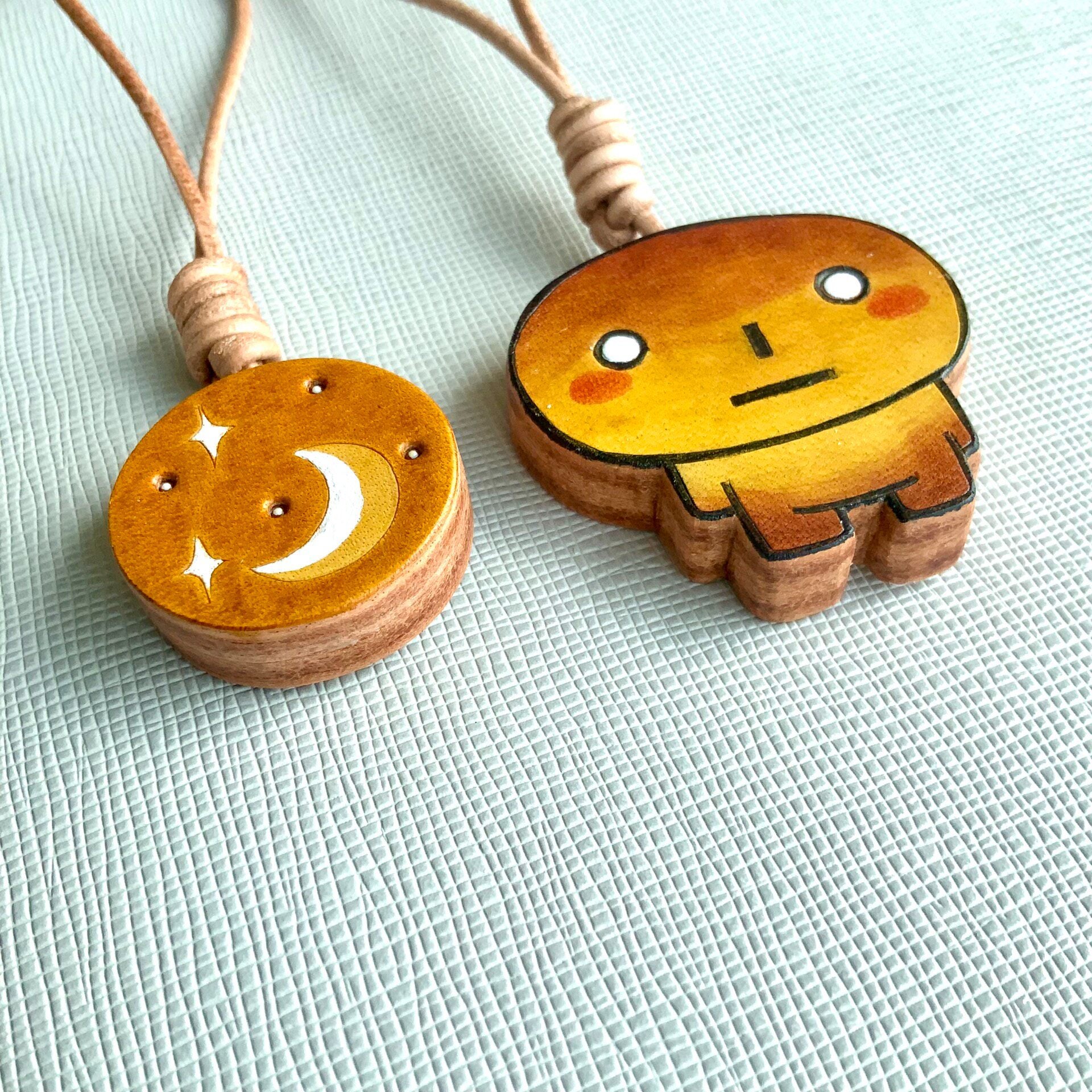 Hand-Painted Leather Charms: Bread Character & Moon Star Set