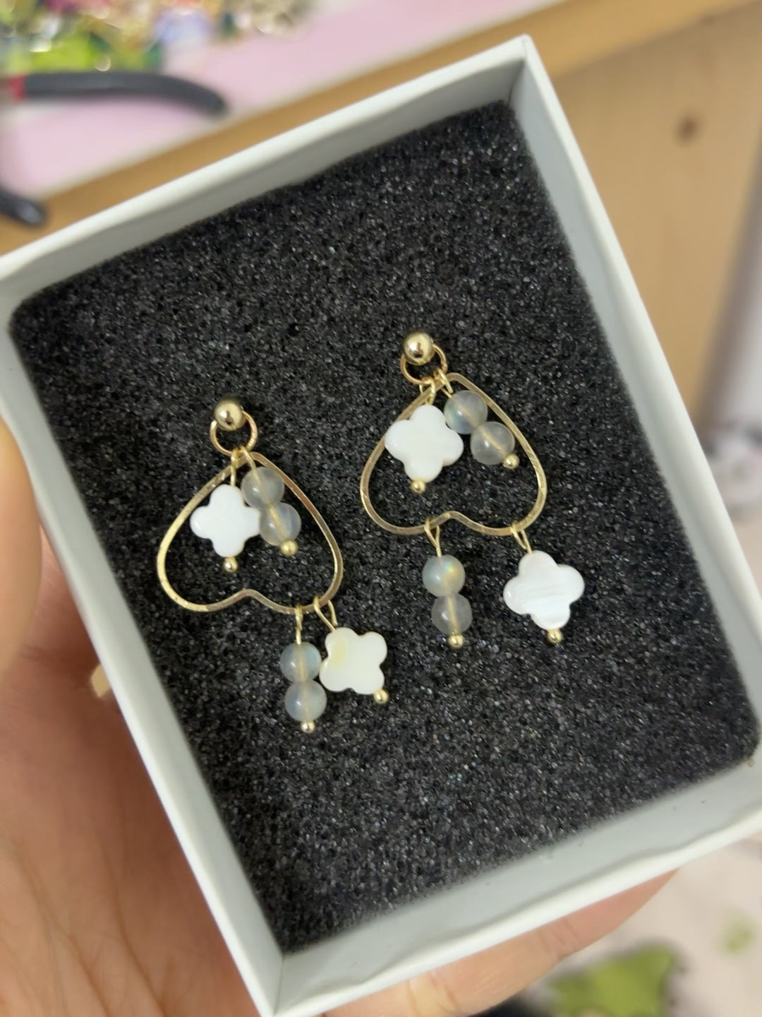 Handmade Gold Heart White Flower Earrings