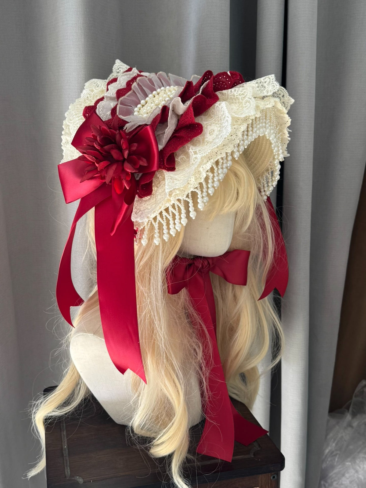 Handmade Lolita Bonnet Red Lace Straw Hat