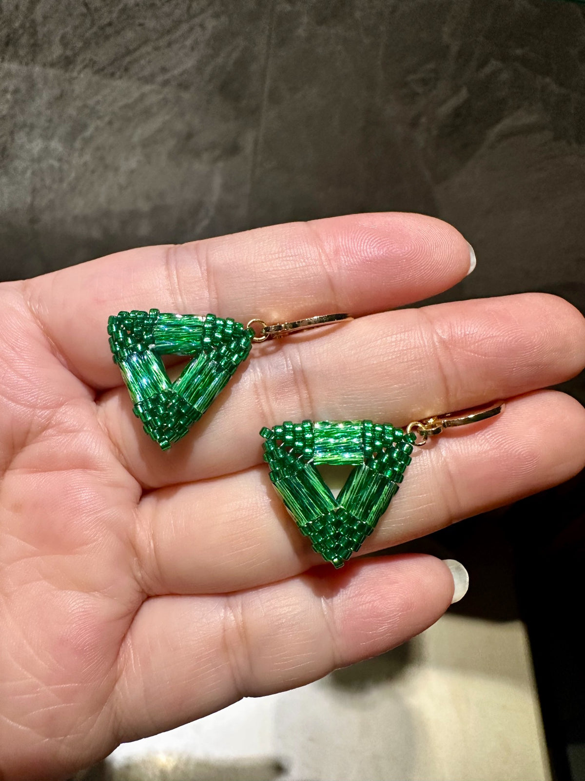 Handcrafted Emerald Green Beaded Triangle Earrings