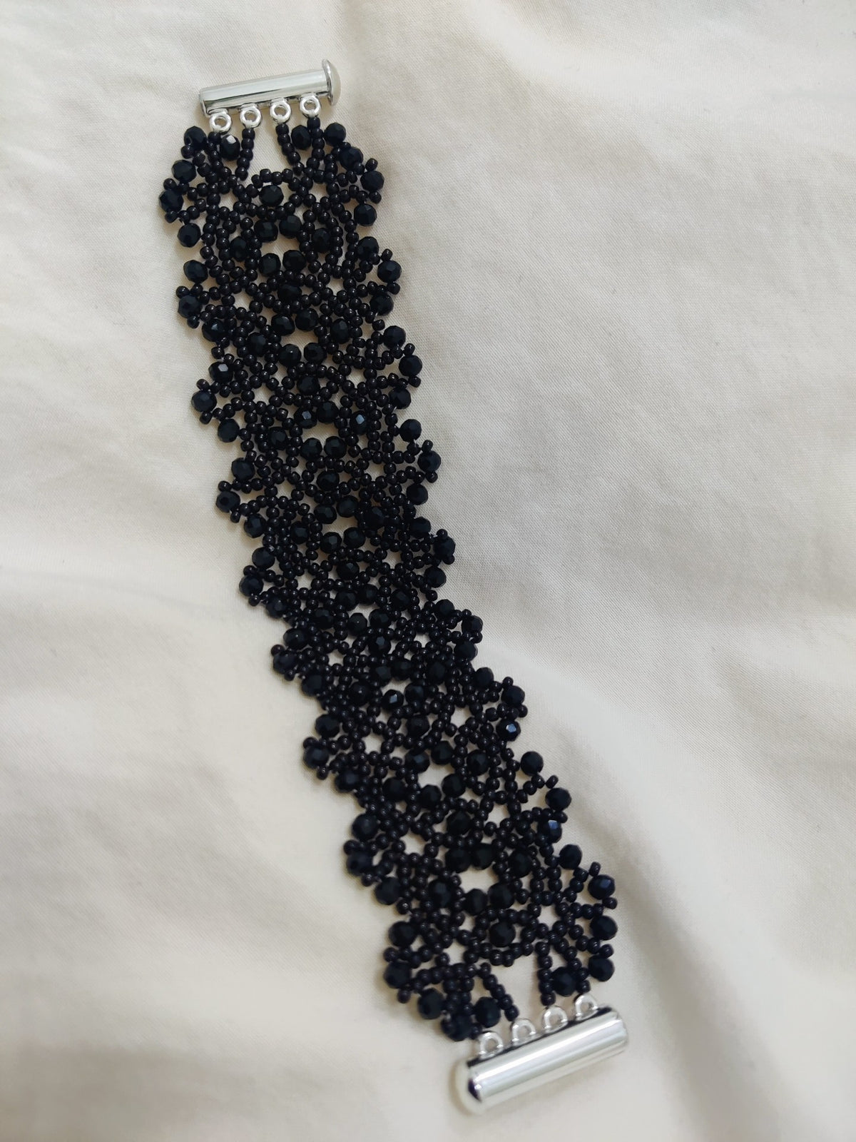 Black Flat Bead Lace Cuff Bracelet
