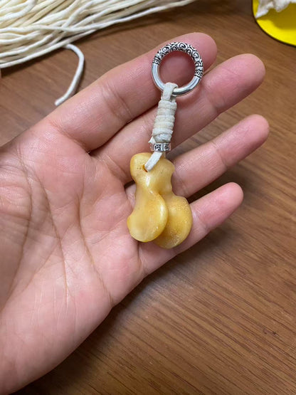 Handcrafted Bone-Shaped Pendant Keychain with White Cord and Silver-Toned Ring
