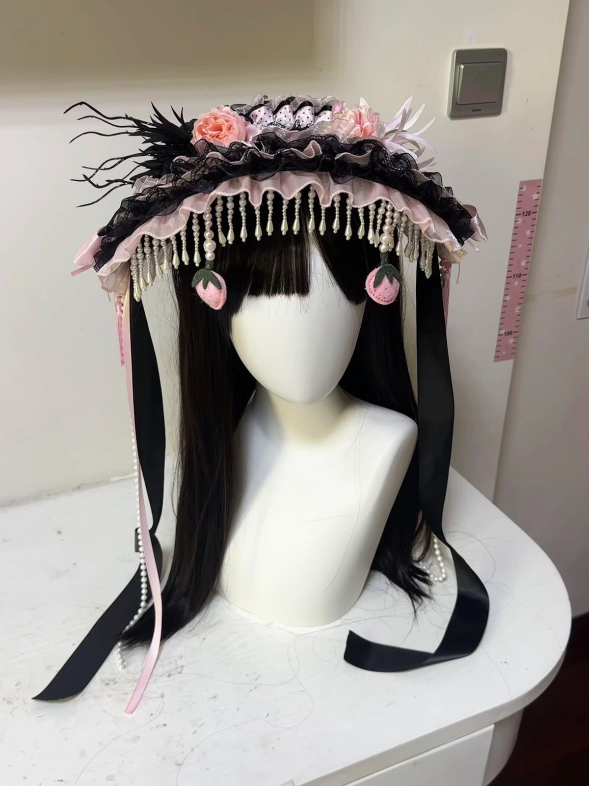Black Pink Lolita Bonnet Hat with Pearls