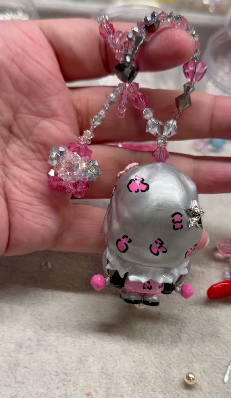 Pink Leopard Cat Beaded Phone Strap