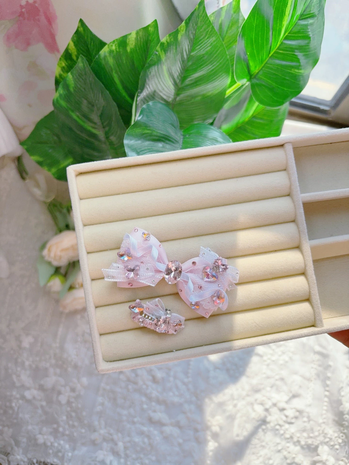 Pink Rhinestone Bow Hair Clip Set