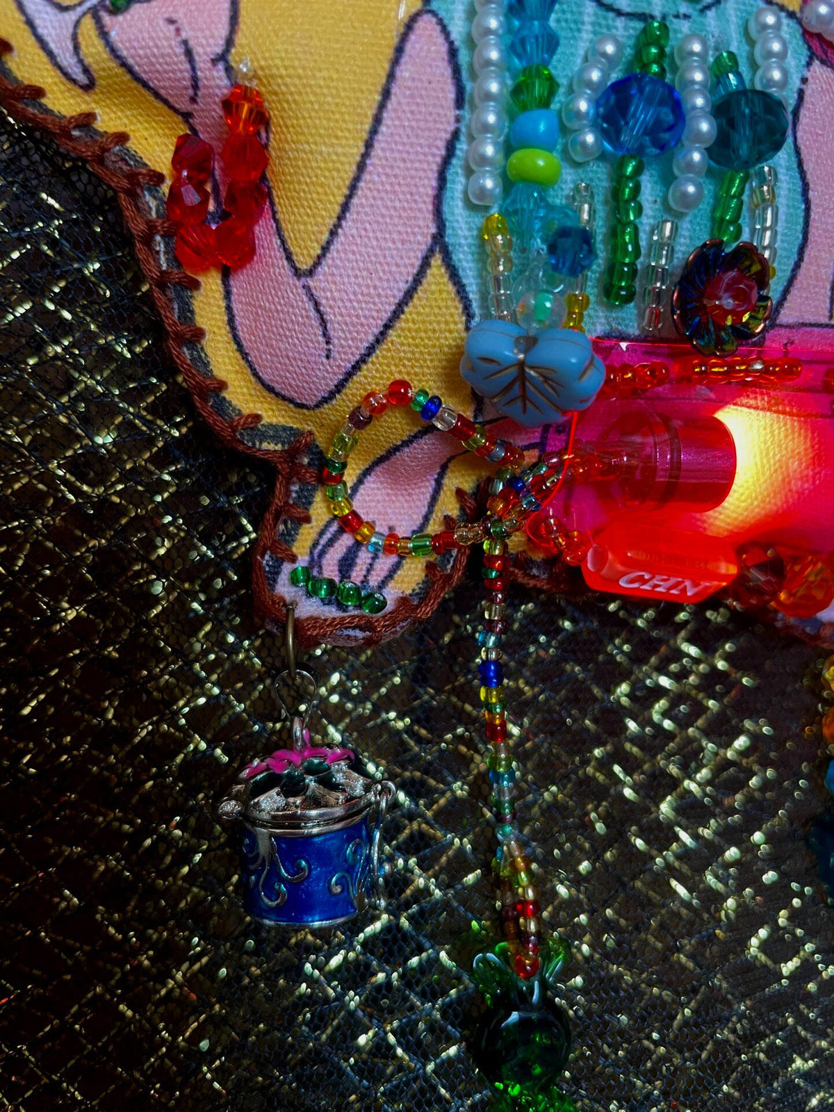 Handcrafted Beaded Bag Charm with Pink Hair Girl