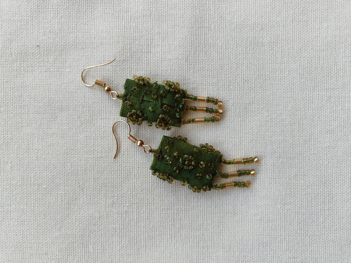 Handmade Green Beaded Tassel Earrings