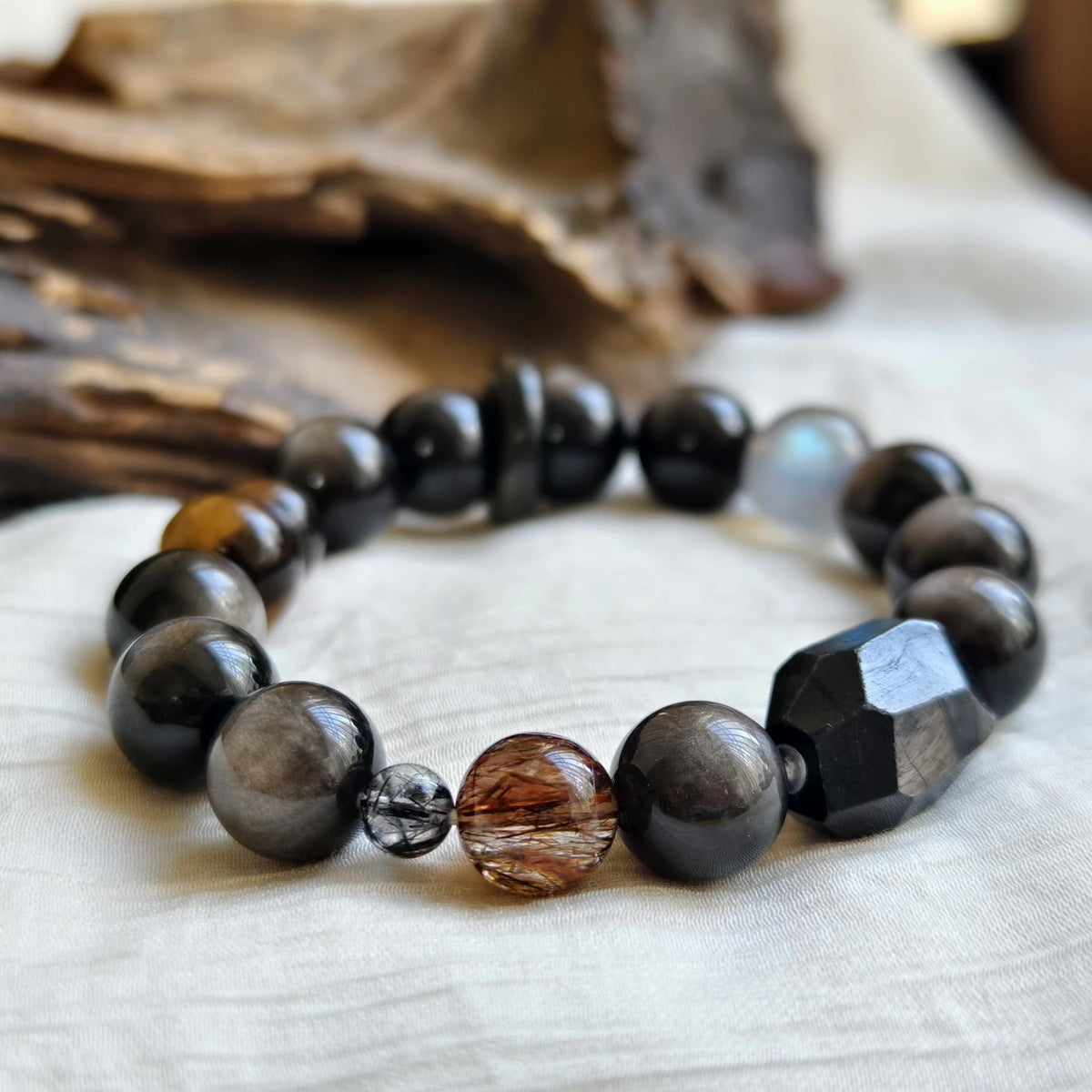 Silver Obsidian Beaded Bracelet