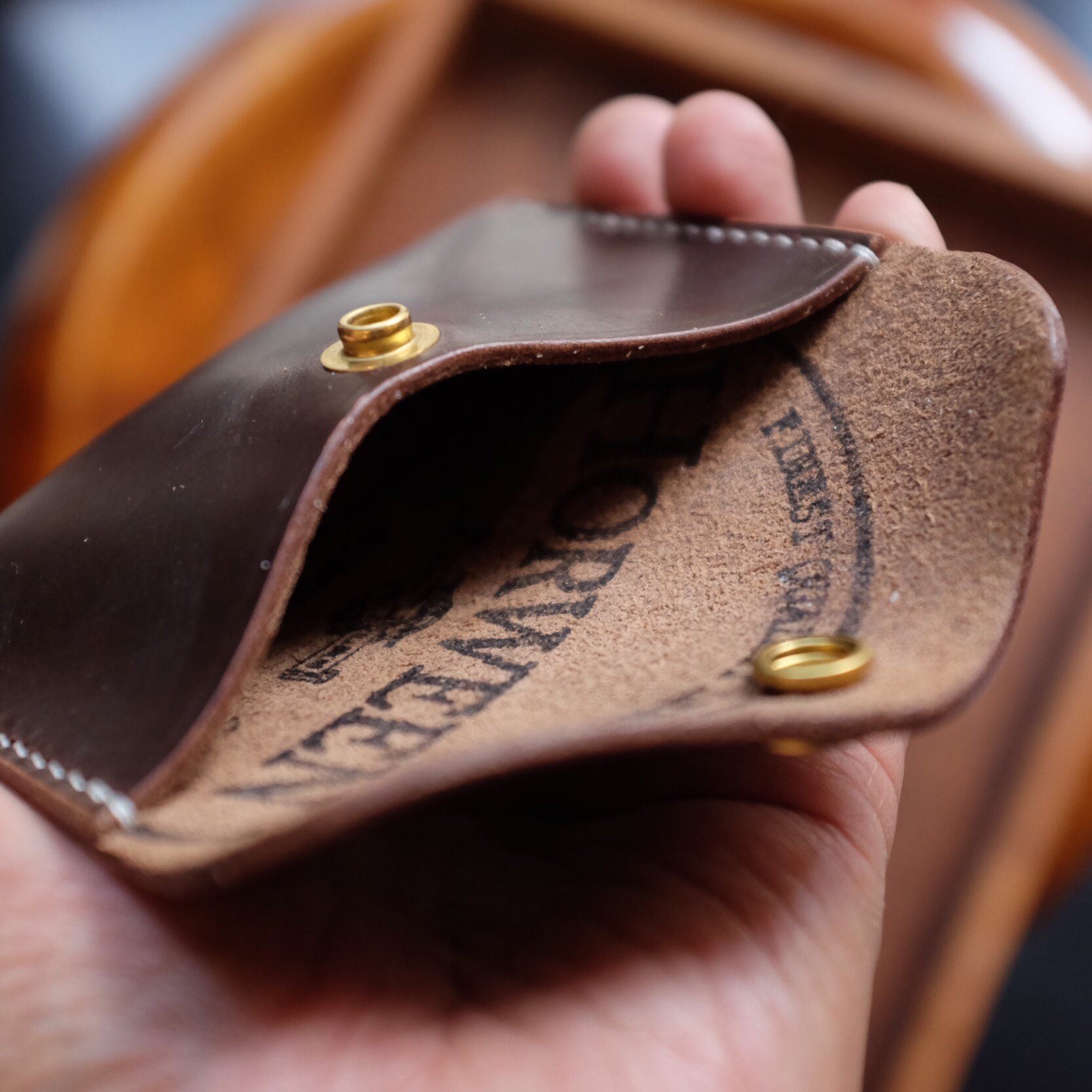 Brown Full-Grain Leather Flap Snap Card Case
