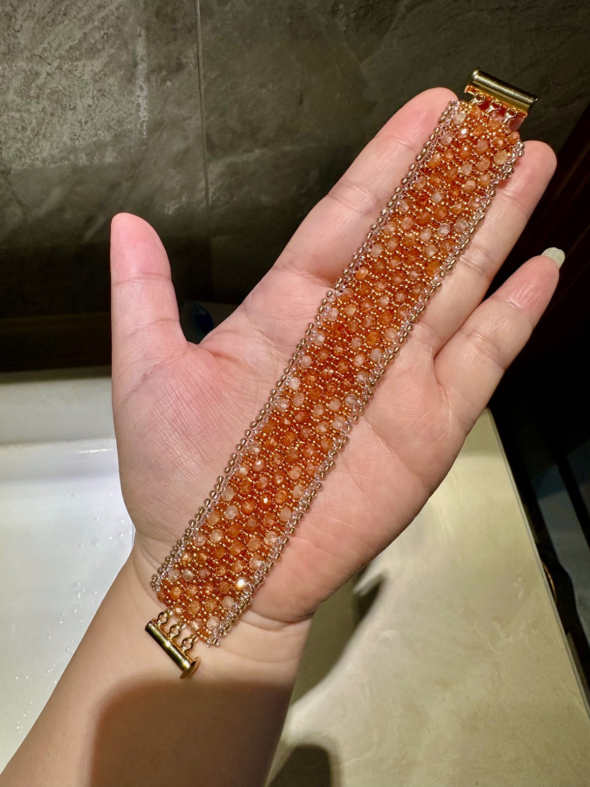ハンドメイド ゴールデンサンストーン ワイドカフブレスレット