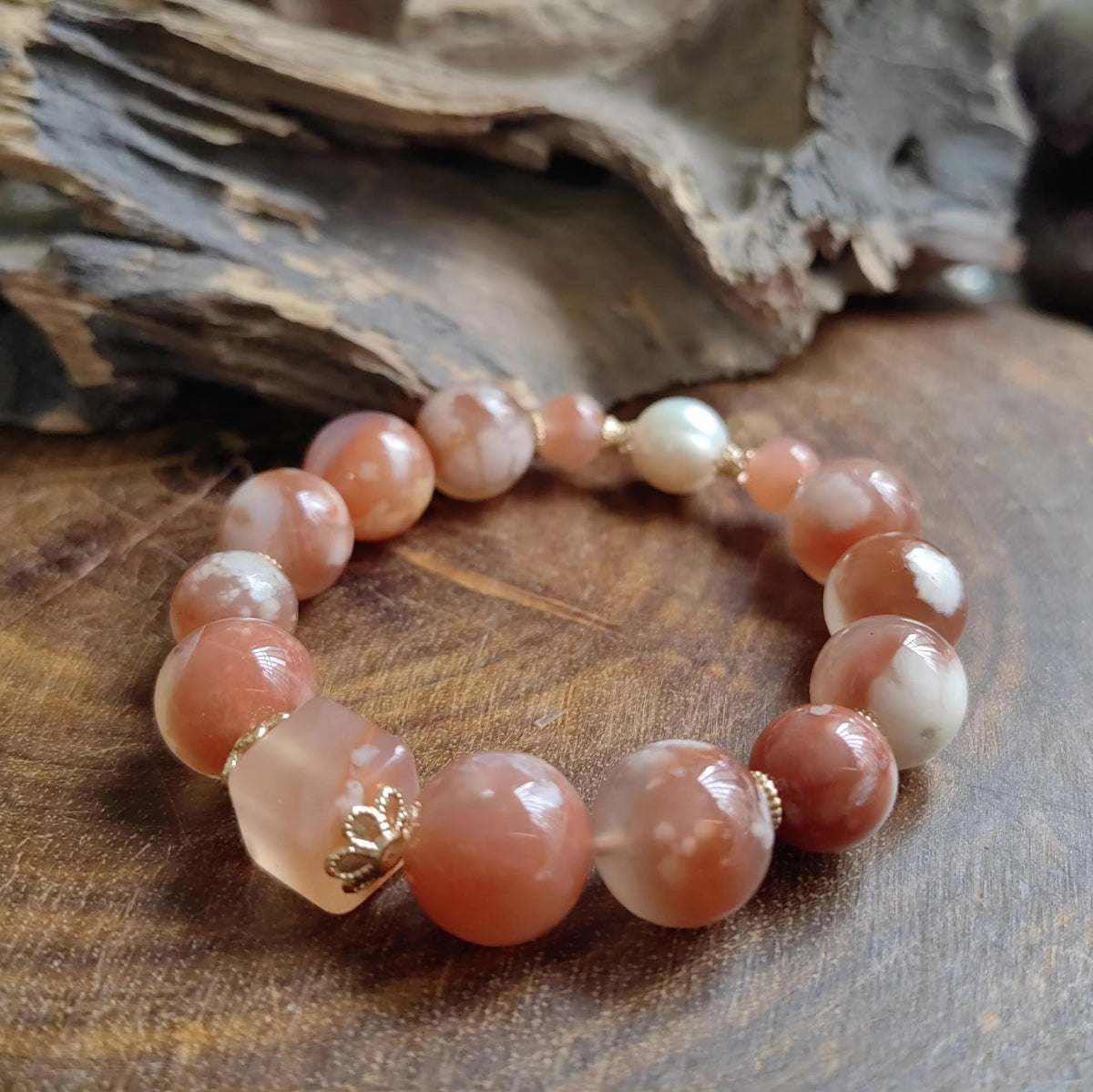 Cherry Blossom Agate Pearl Bracelet 12.9mm