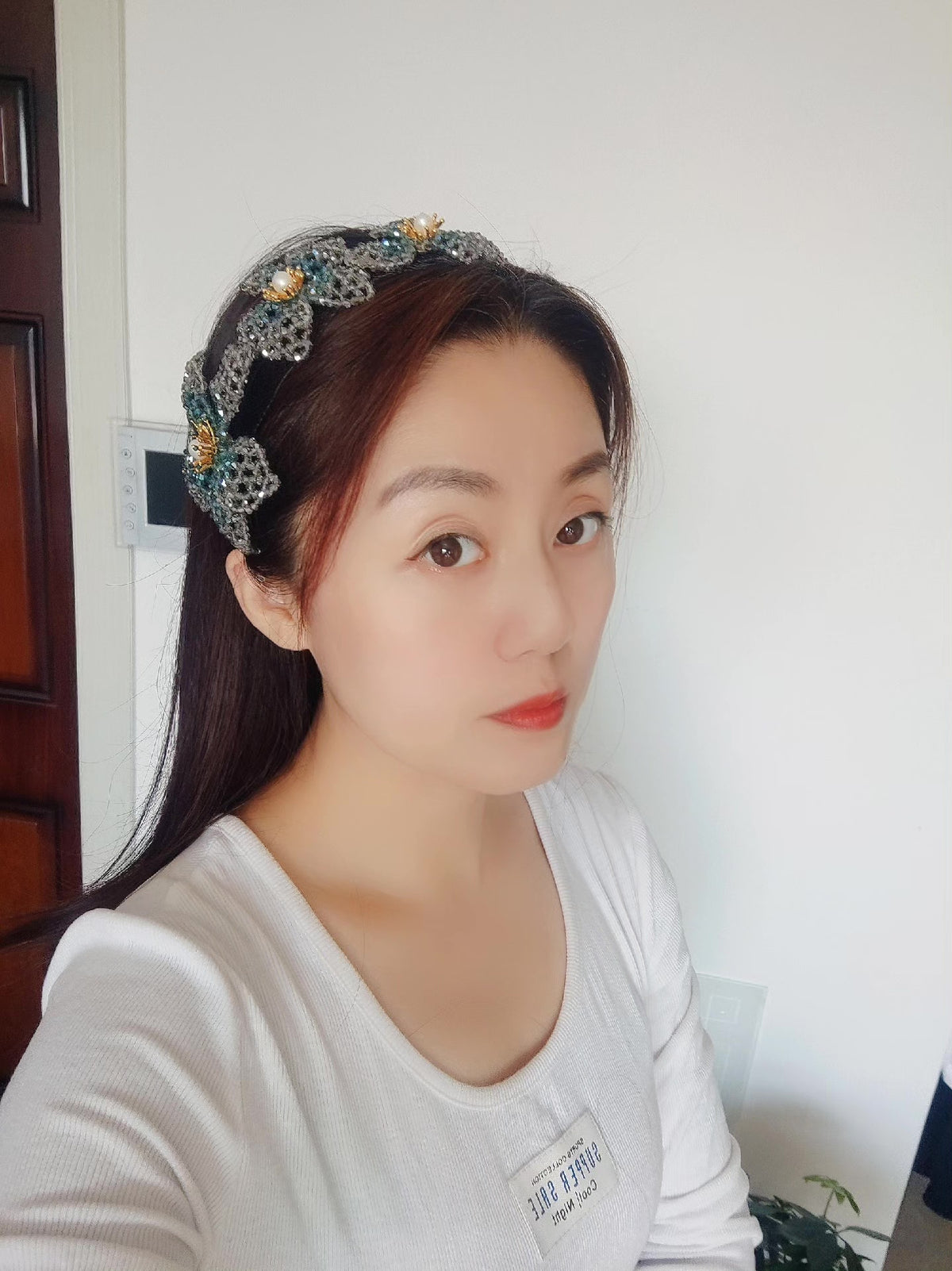Beaded Floral Headband with Net Veil
