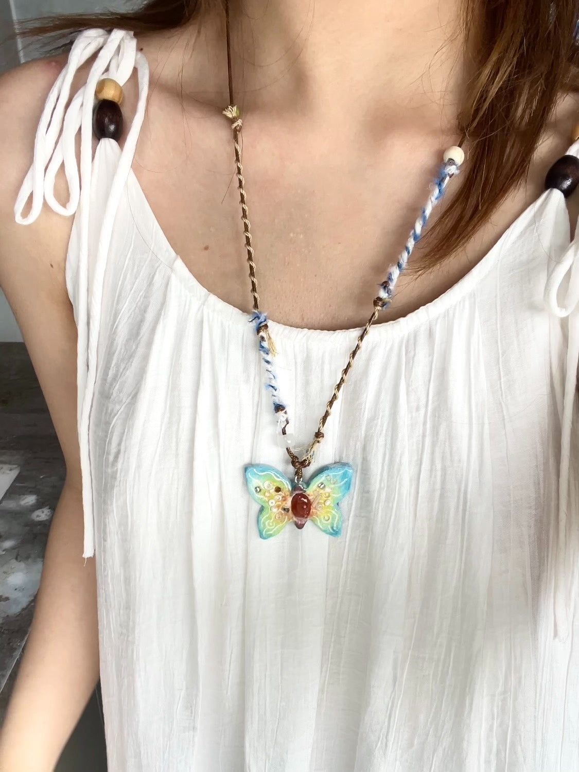 Handcrafted Butterfly Agate Stone Clay Necklace