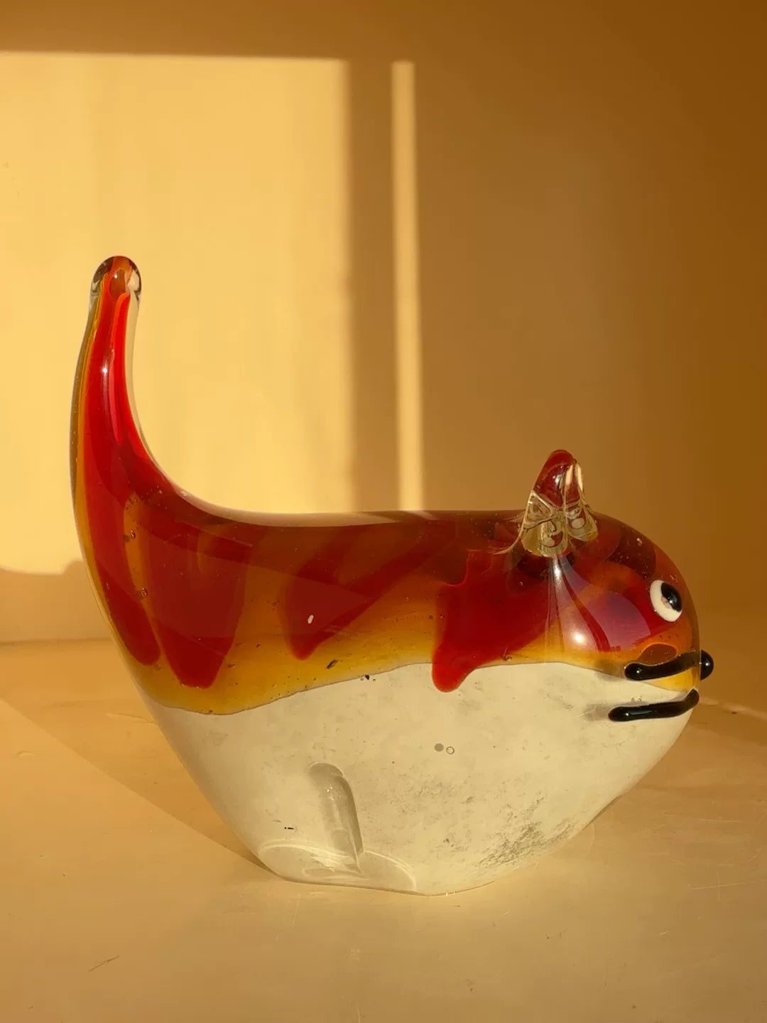 Vintage Glass Cat Figurine Yellow Red Striped