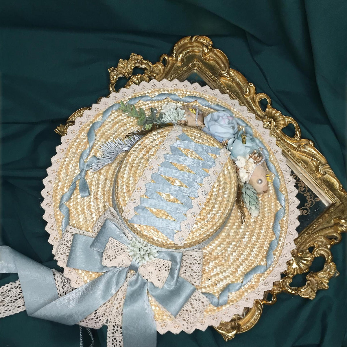 Lolita Straw Flat Hat with Blue Rose