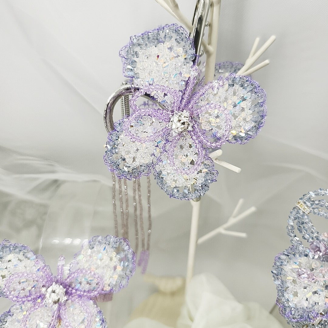 Purple Crystal Butterfly Hair Clip Beaded Tassel